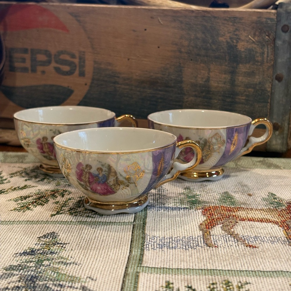Vintage Porcelain Tea Cups with Gold and Purple/blue Accents made in Japan